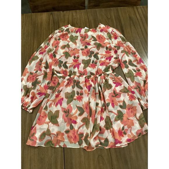 MISA Caria sonora flora Blouson Sleeve Tie Waist Mini Dress Floral Multicolor L - Picture 12 of 12